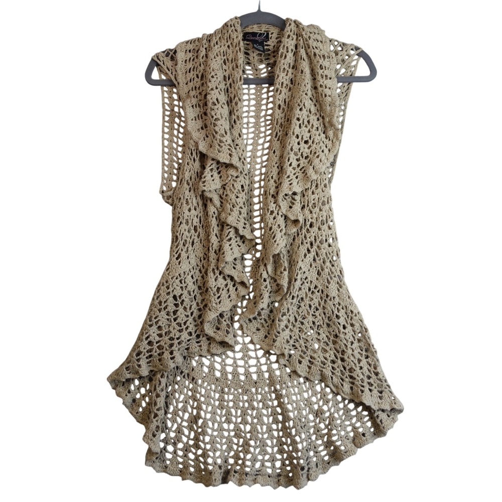 Vintage 90s Y2K Crochet Vest Womens S Tan Ramie Open Ruffle Boho Festival Beachy